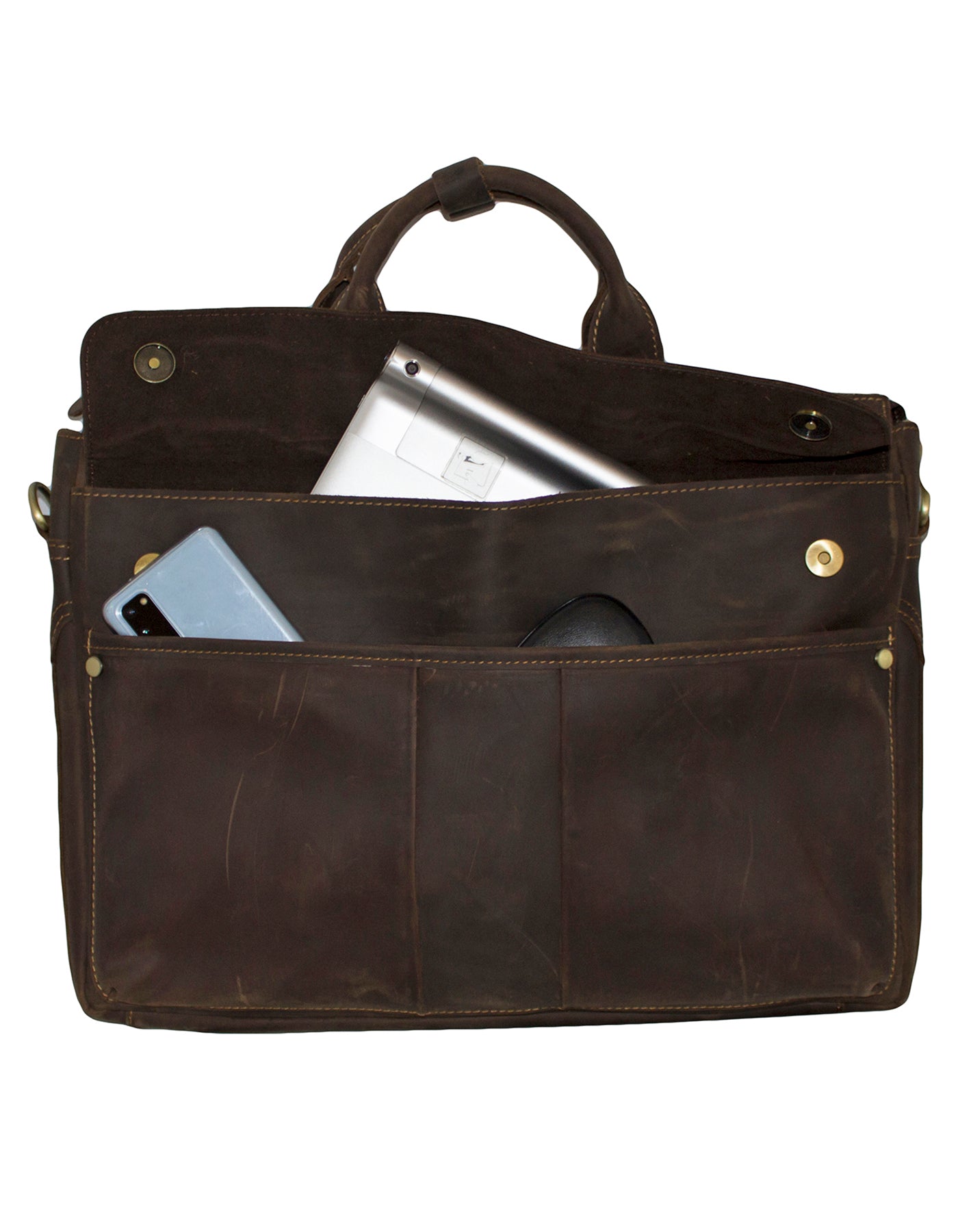 Fino GSX-012B Crazy Horse Waxed Full Grain Genuine Leather 15" Messenger Bag- Coffee