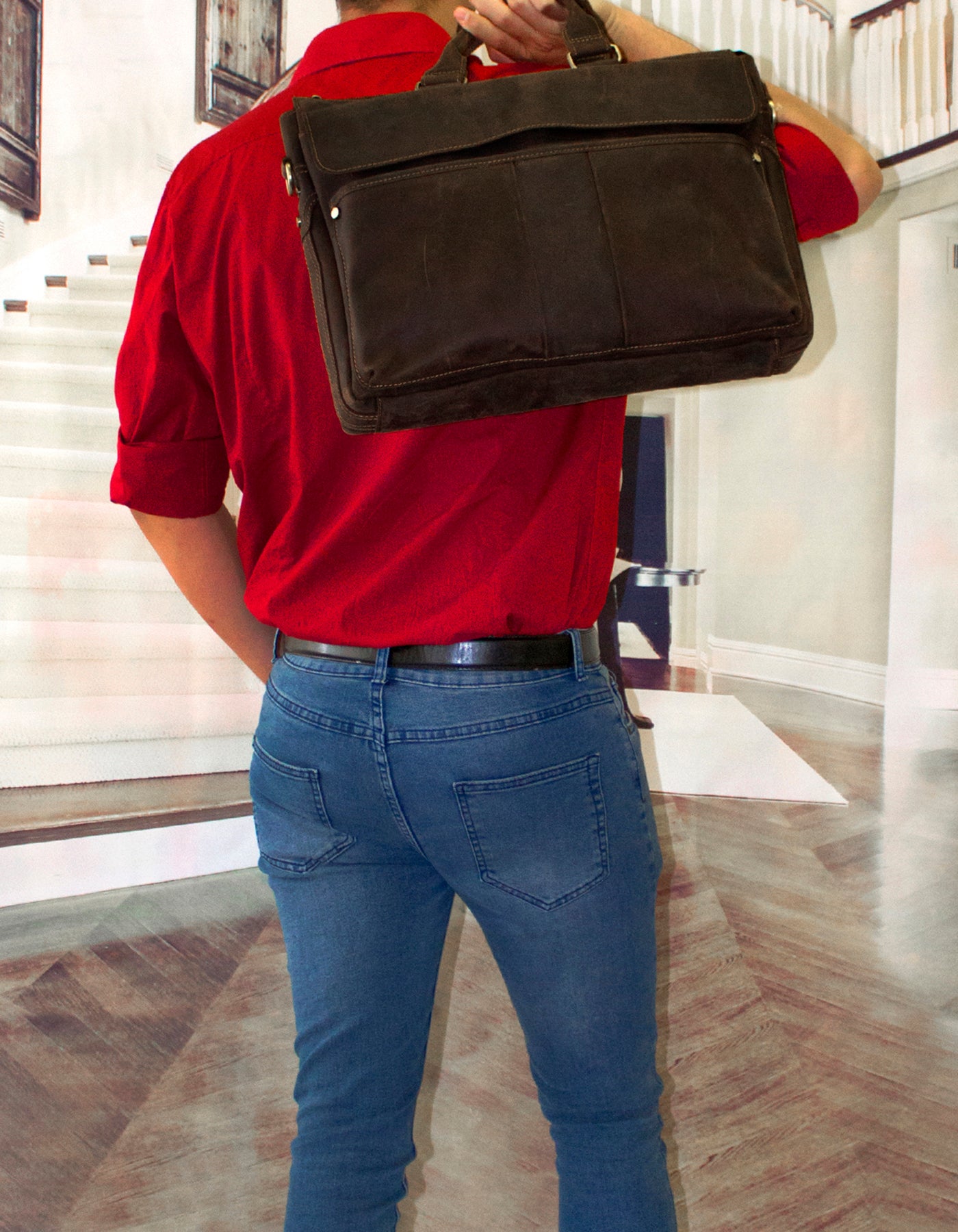 Fino GSX-012B Crazy Horse Waxed Full Grain Genuine Leather 15" Messenger Bag- Coffee