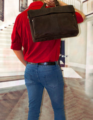 Fino GSX-012B Crazy Horse Waxed Full Grain Genuine Leather 15" Messenger Bag- Coffee