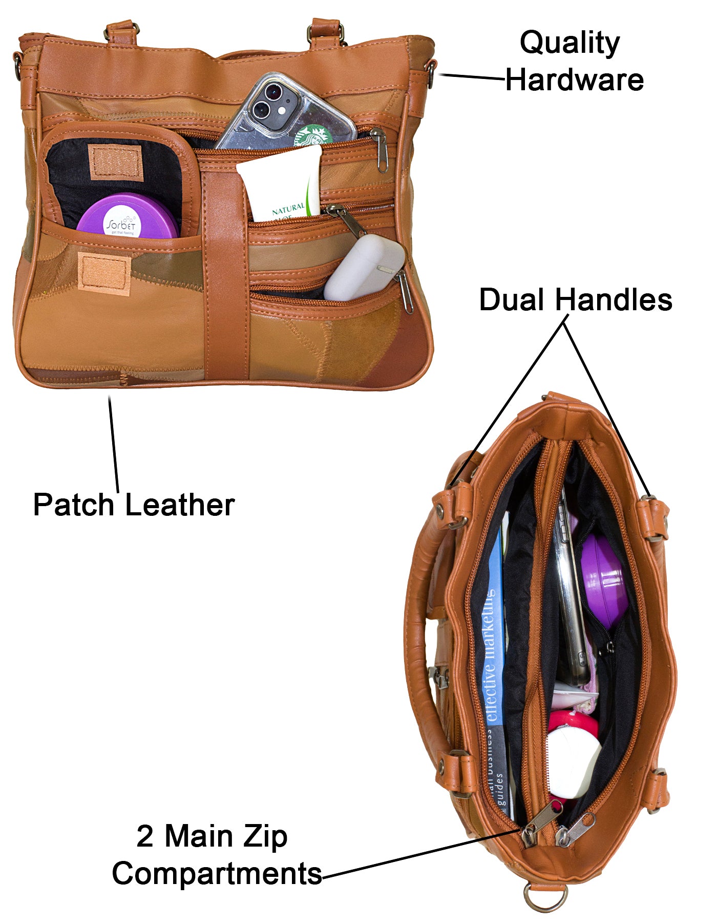 Fino GW-16040 Multi-Compartment Genuine Patch Leather Hand & Shoulder Bag