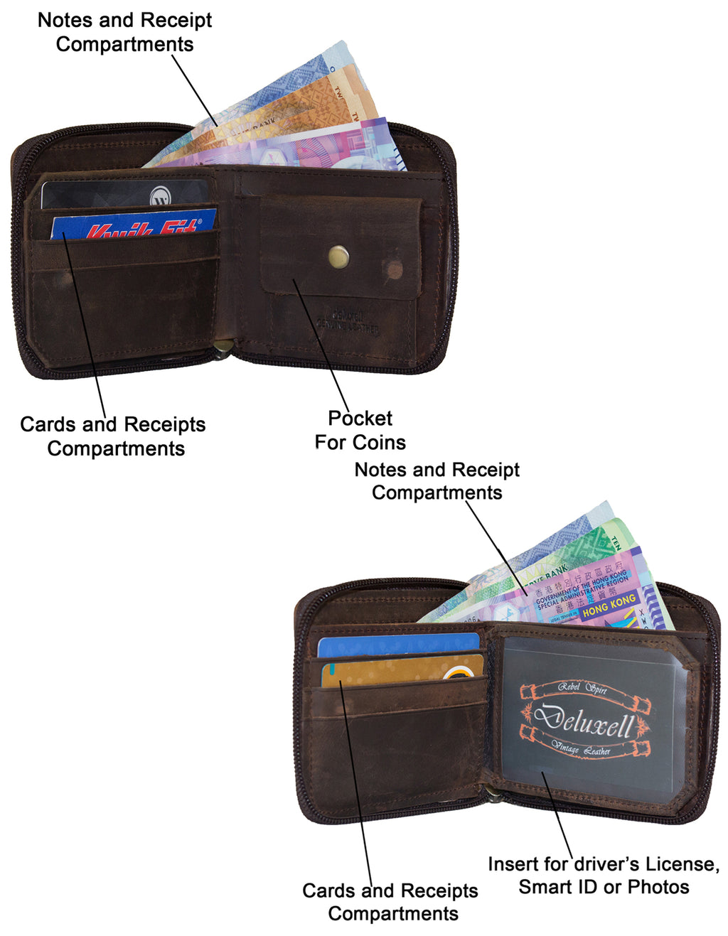 Deluxell GX-W322 Genuine Leather Bifold Rhino Zip Around Wallet with Box