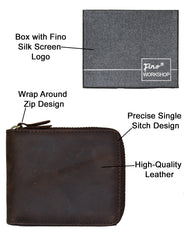 Fino GX-W330 Genuine Leather Zip Around Wallet with Box - Coffee