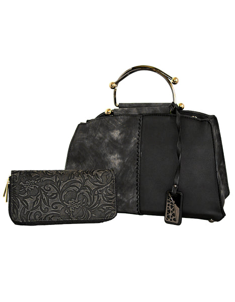 Fino H7331+3510-798 Ladies Faux Leather Fashion Bag with Purse - Black
