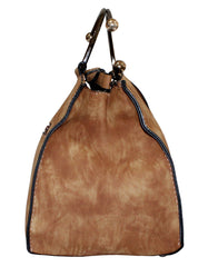 Fino H7331 Two-Tone Faux Leather Suede Elegant Handbag with Metal-Handle