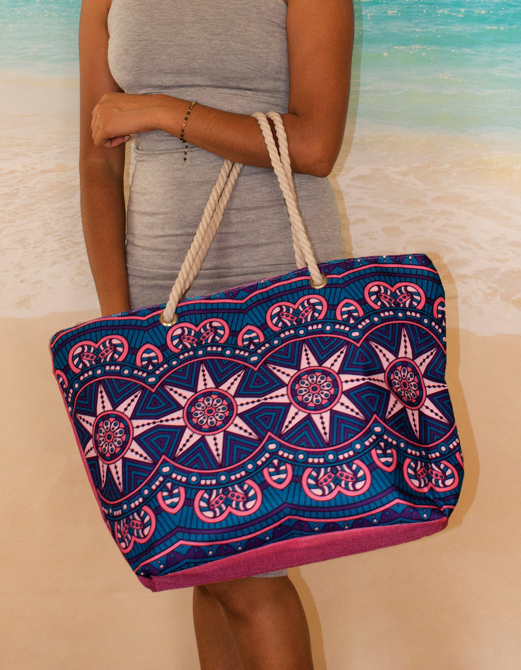 Fino JH-18051 Exotic Print Canvas Oversize Beach /Shopping/ Tote Bag - Purple & Pink
