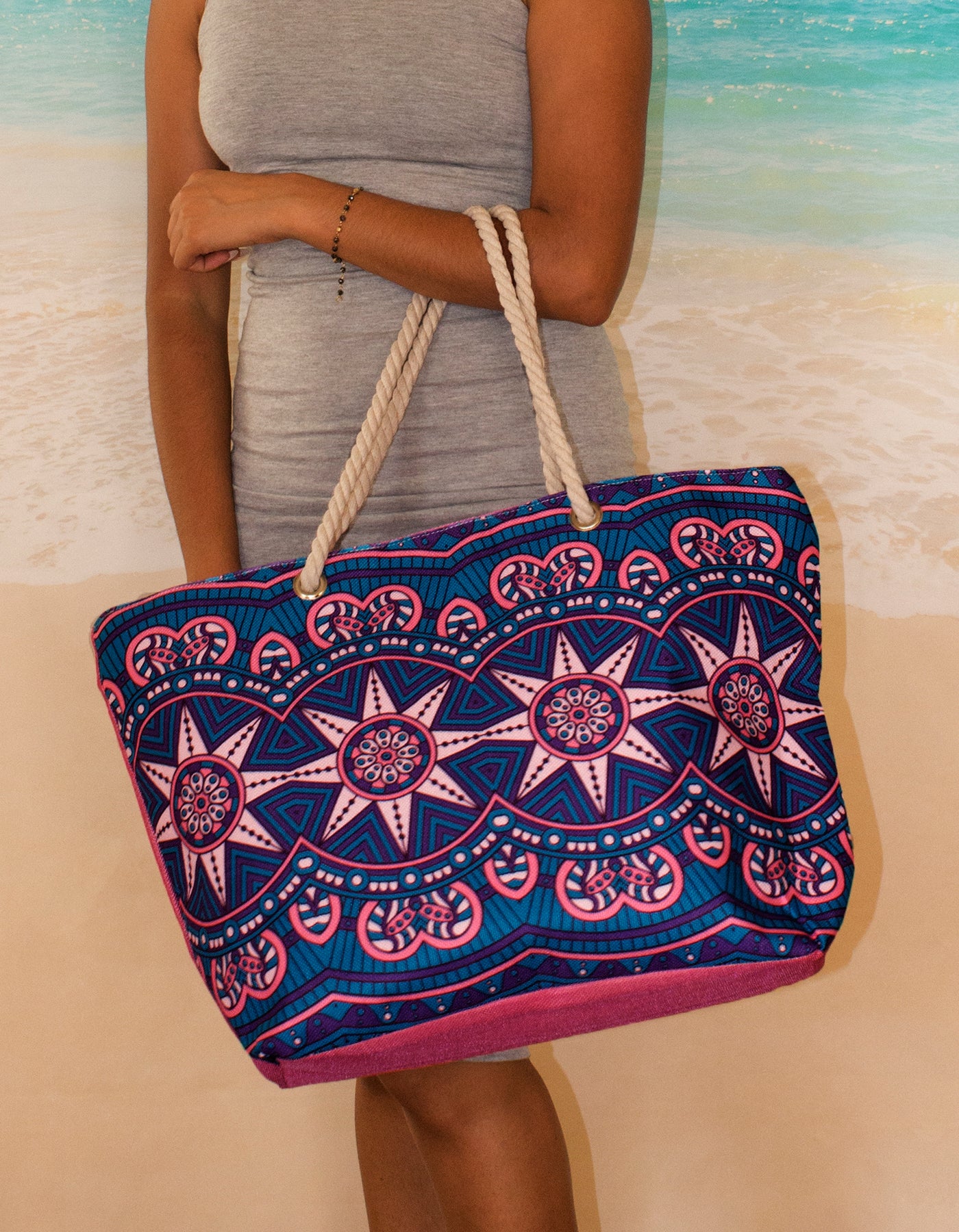 Fino JH-18051 Exotic Print Canvas Oversize Beach /Shopping/ Tote Bag - Purple & Pink