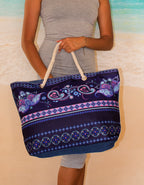 Fino JH-19054 Exotic Beach Canvas Oversize Beach /Shopping/ Tote Bag - Purple & Navy Blue