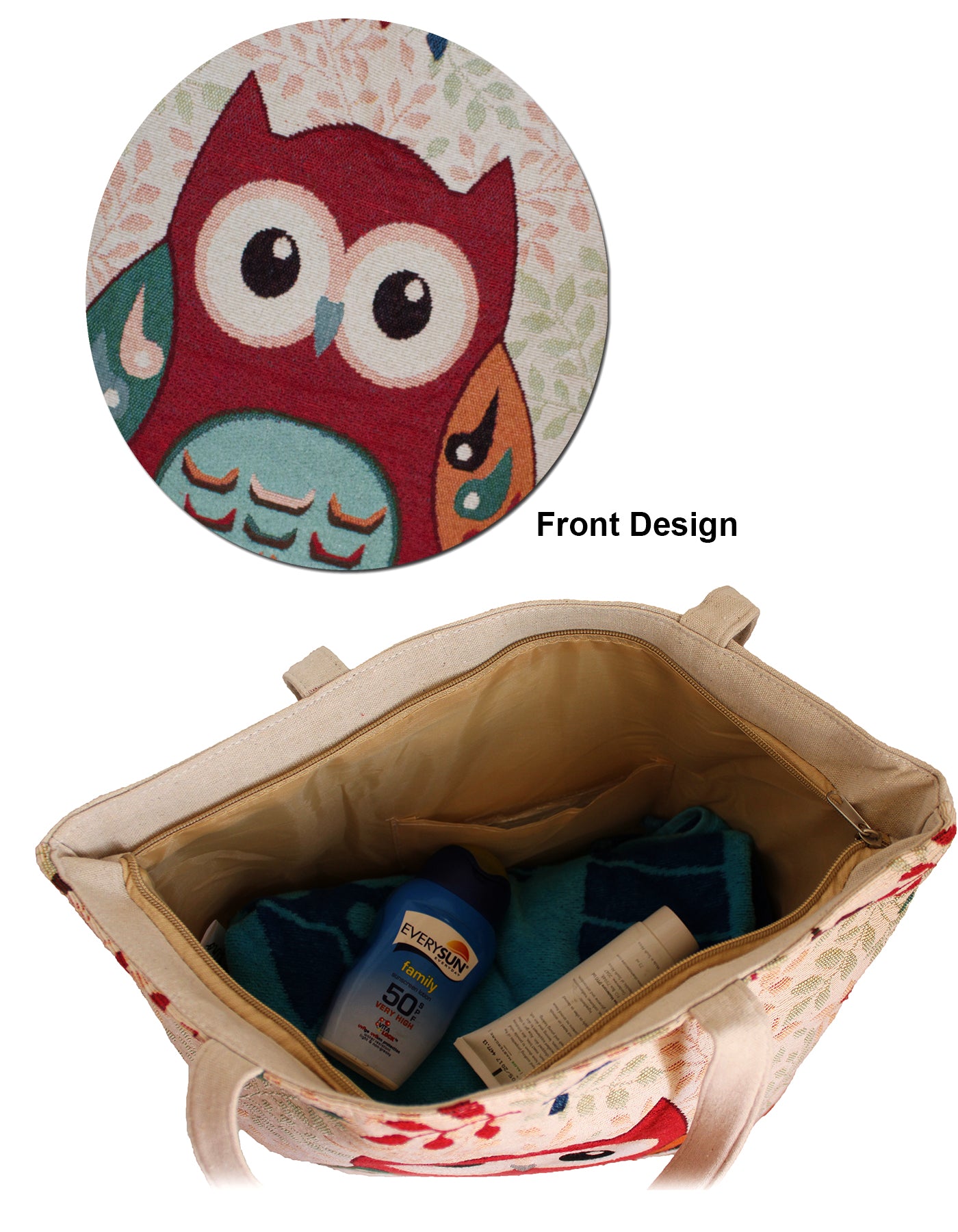 Fino JH-70213 Maxi Canvas Tote Bag with Owl Print Design - Beige