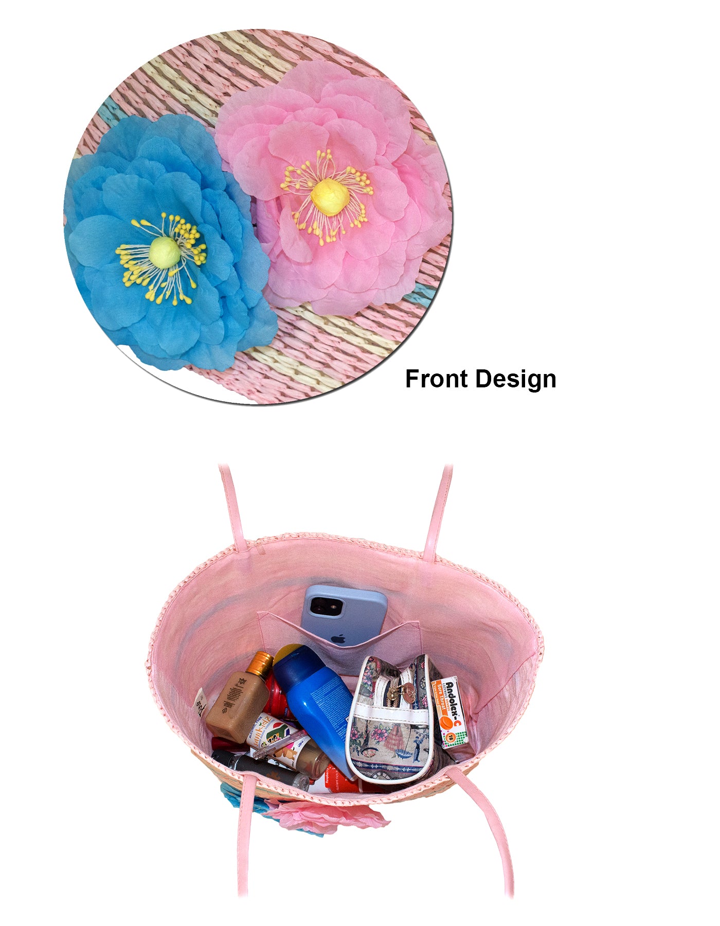 Fino JSZ-1440 Straw Beach Bag with Front Flower Details