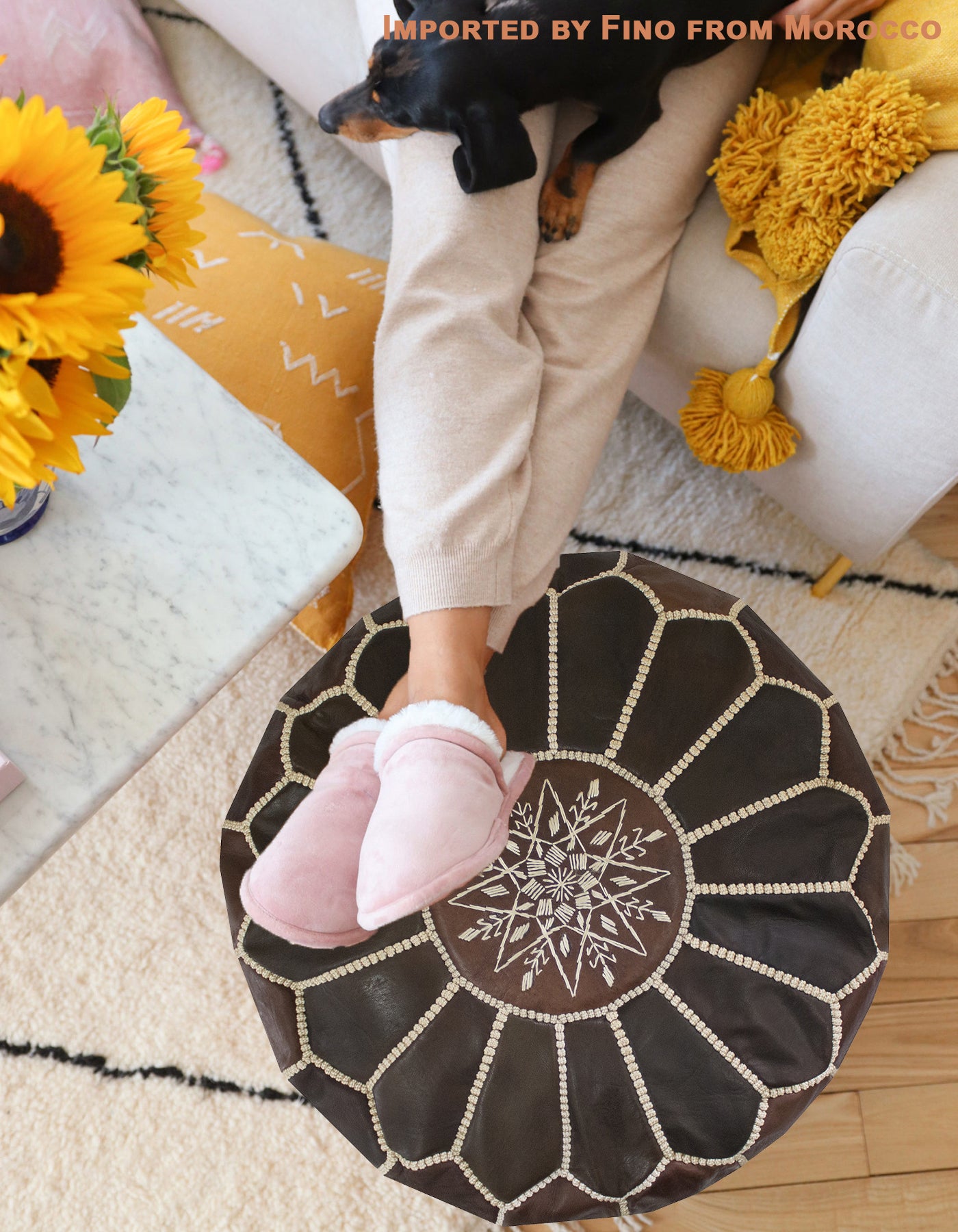 Luvsa LS-LB200 100% Handmade Leather Pouf/ Ottoman by Moroccan Artisan - Blue