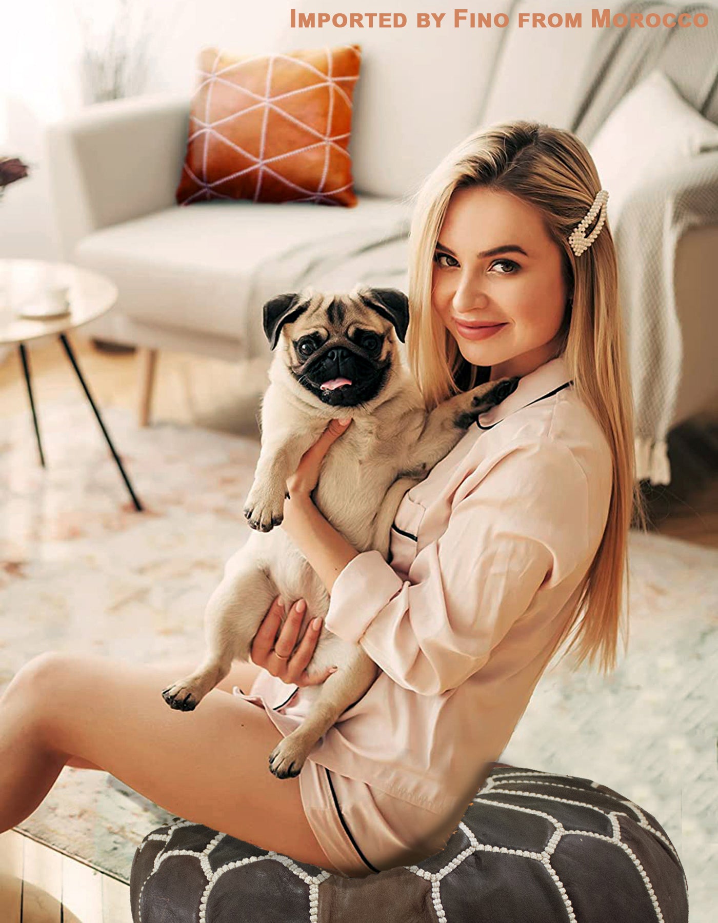 Luvsa LS-LB200 100% Handmade Leather Pouf/ Ottoman by Moroccan Artisan - Blue