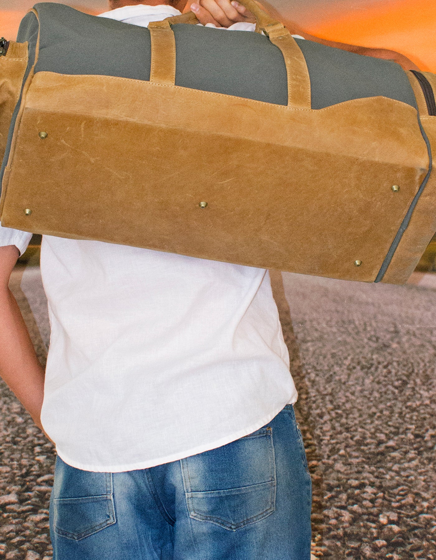 Luvsa LS-MS084 Full Grain Genuine Leather Vintage Heavy-Duty Canvas Duffle Bag