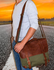 Luvsa LS-MS085 Steady Canvas Bag with Full Grain Leather Vintage Flap