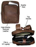 Luvsa LS-TJ128 Unisex Maxi Genuine Leather 15 Inch Laptop Backpack Strong Zips/ Quality Hardware-Brown