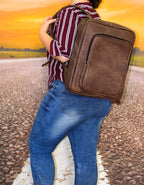 Luvsa LS-TJ128 Unisex Maxi Genuine Leather 15 Inch Laptop Backpack Strong Zips/ Quality Hardware-Brown