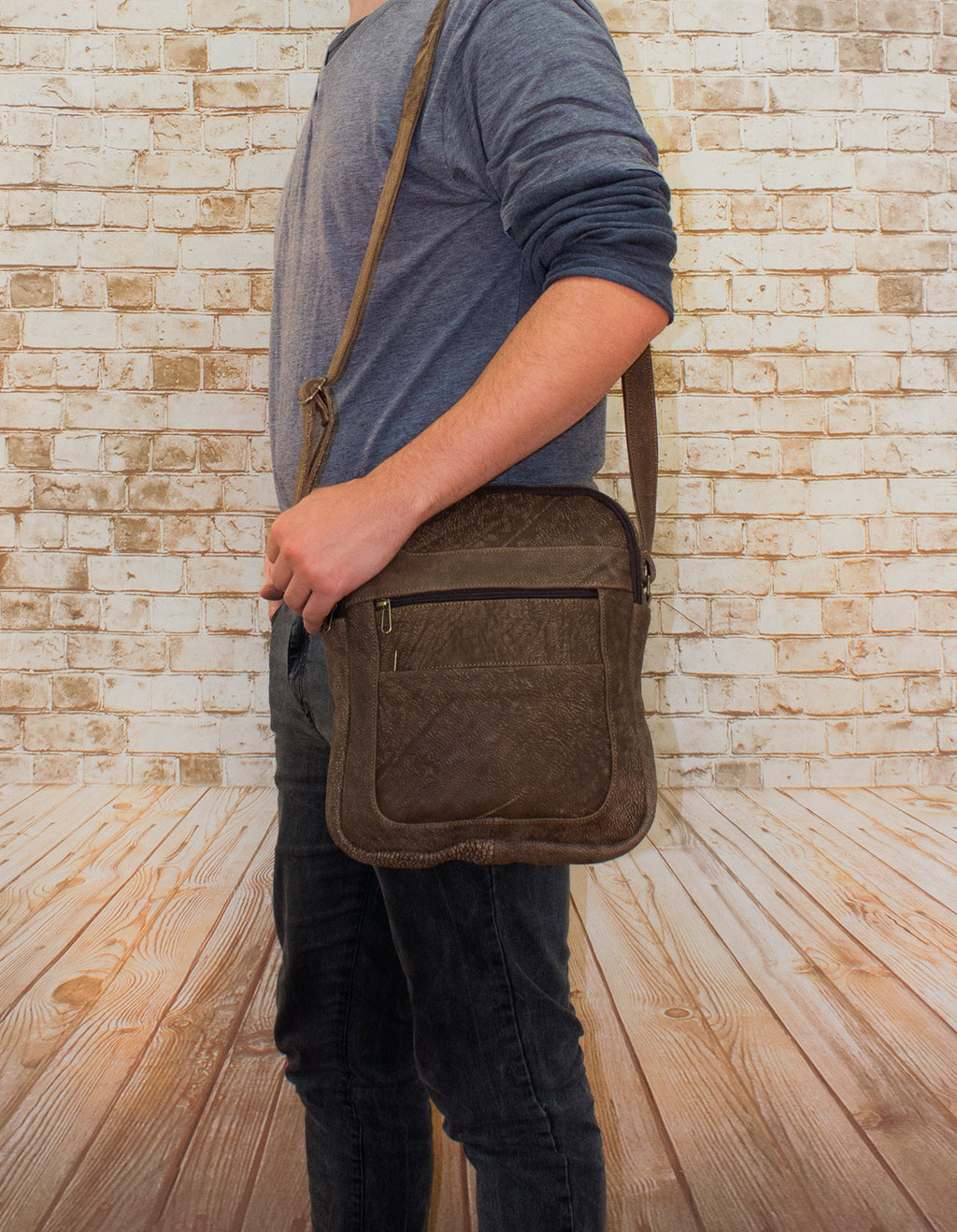 Luvsa LS-TJ130 Full Grain Genuine Leather Everyday Multi Pocket Compartments Sling Bag- Coffee