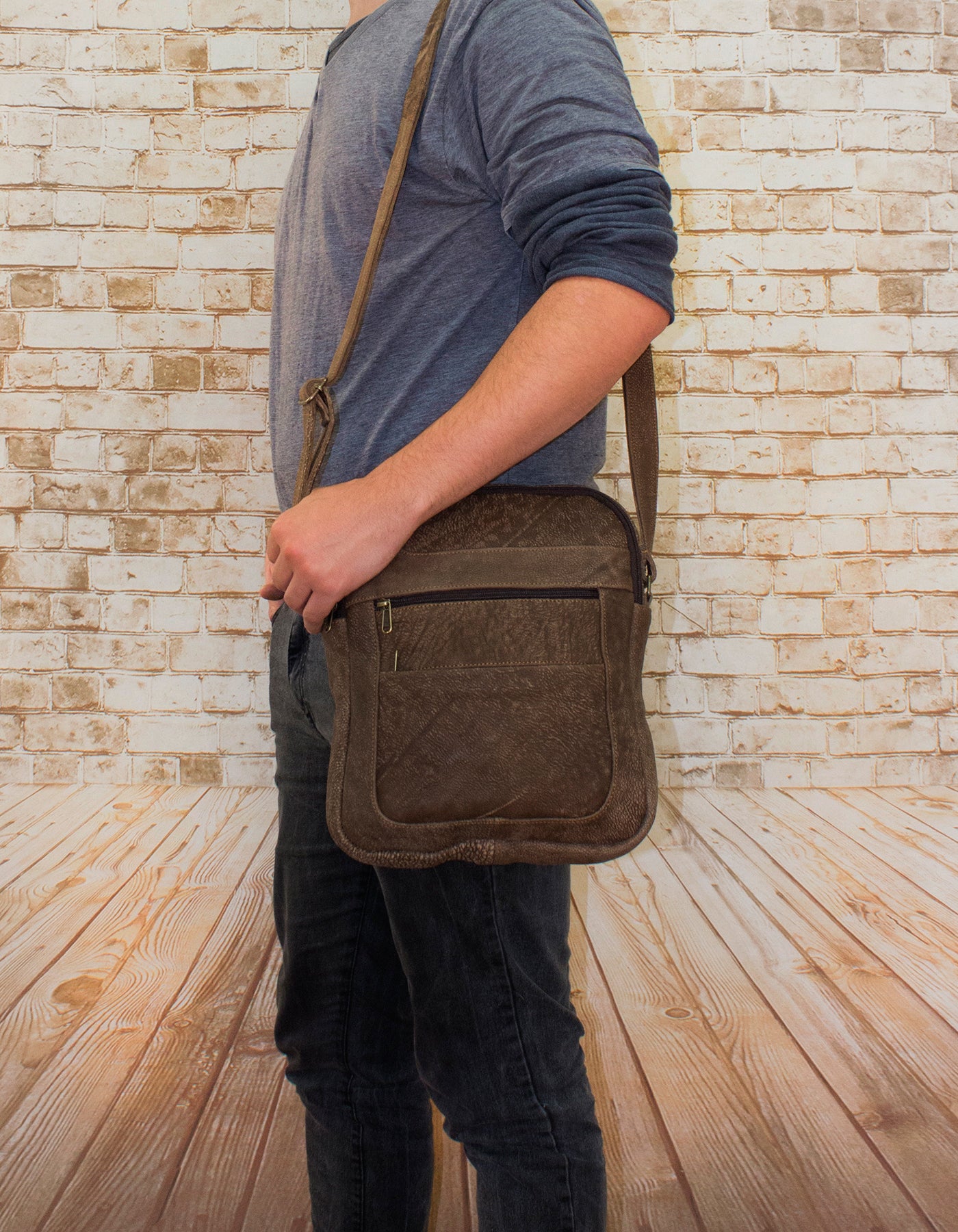 Luvsa LS-TJ130 Full Grain Genuine Leather Everyday Multi Pocket Compartments Sling Bag- Coffee