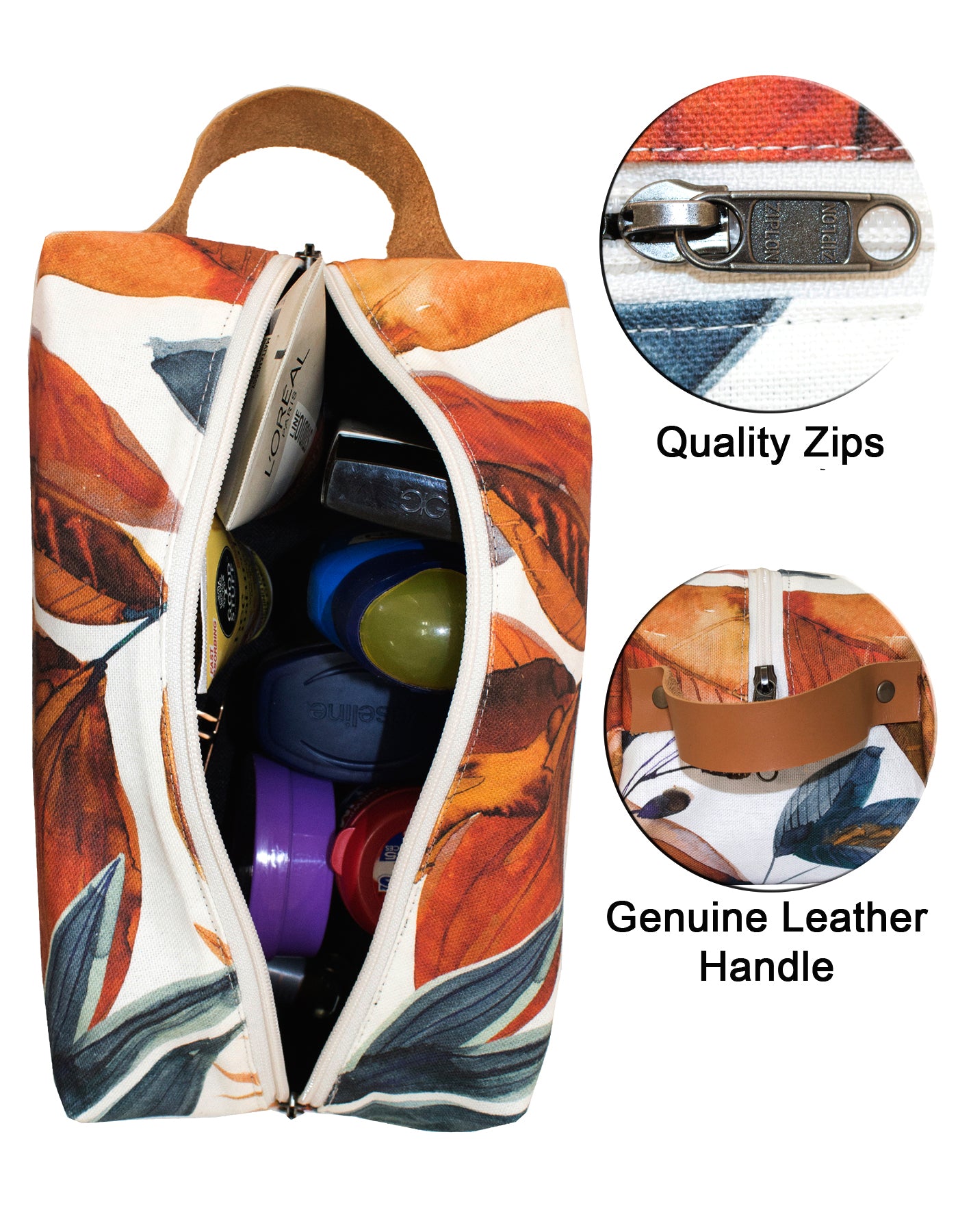 Luvsa LSHJT903C Polycotton Women's Toiletry Bag & Genuine Leather Handle