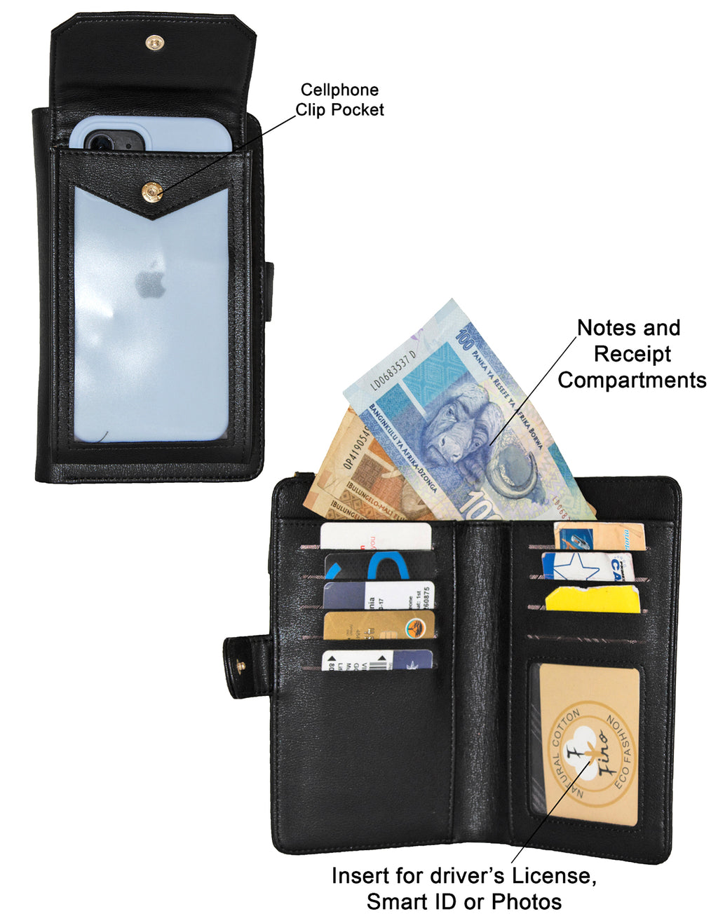 Fino RXF9705BLK Faux Leather 2in1 Cellphone Bag and 2 Removable Straps
