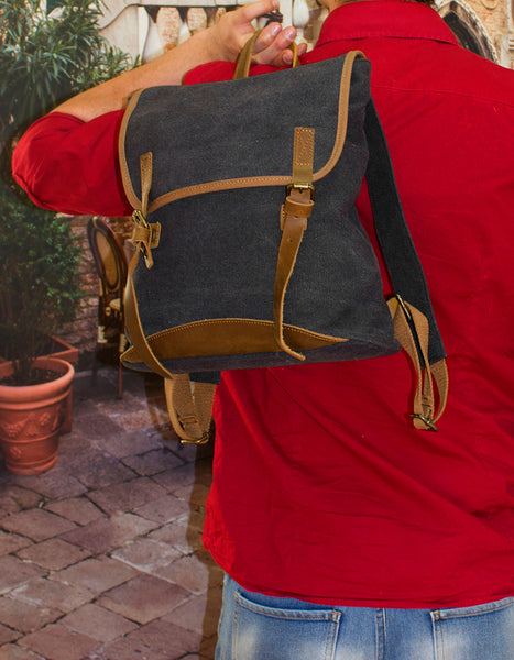 Fino SL-033 Unisex Canvas and Genuine Leather Backpack with Brass Hardware