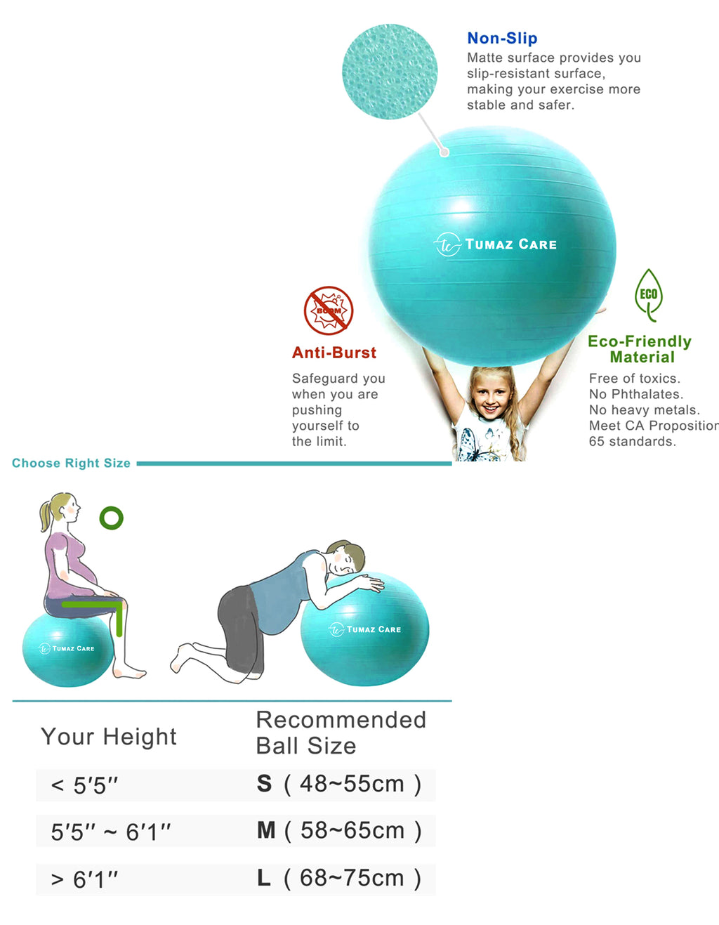 Tumaz Care YB065 Premium Yoga/Pilates/Pregnancy/Birth/Exercise Ball - 65cm