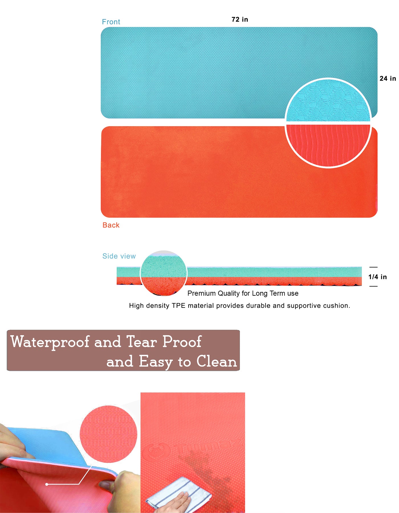 Tumaz Premium Eco Anti Slip TPE Reversible Yoga Mat with Carry Strap