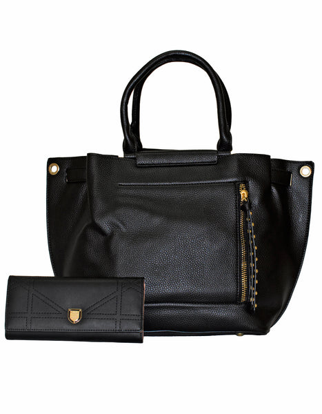 Fino 2826+51125 Faux Leather Stud Design Zip Handbag with Purse - Black