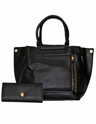 Fino 2826+51125 Faux Leather Stud Design Zip Handbag with Purse - Black
