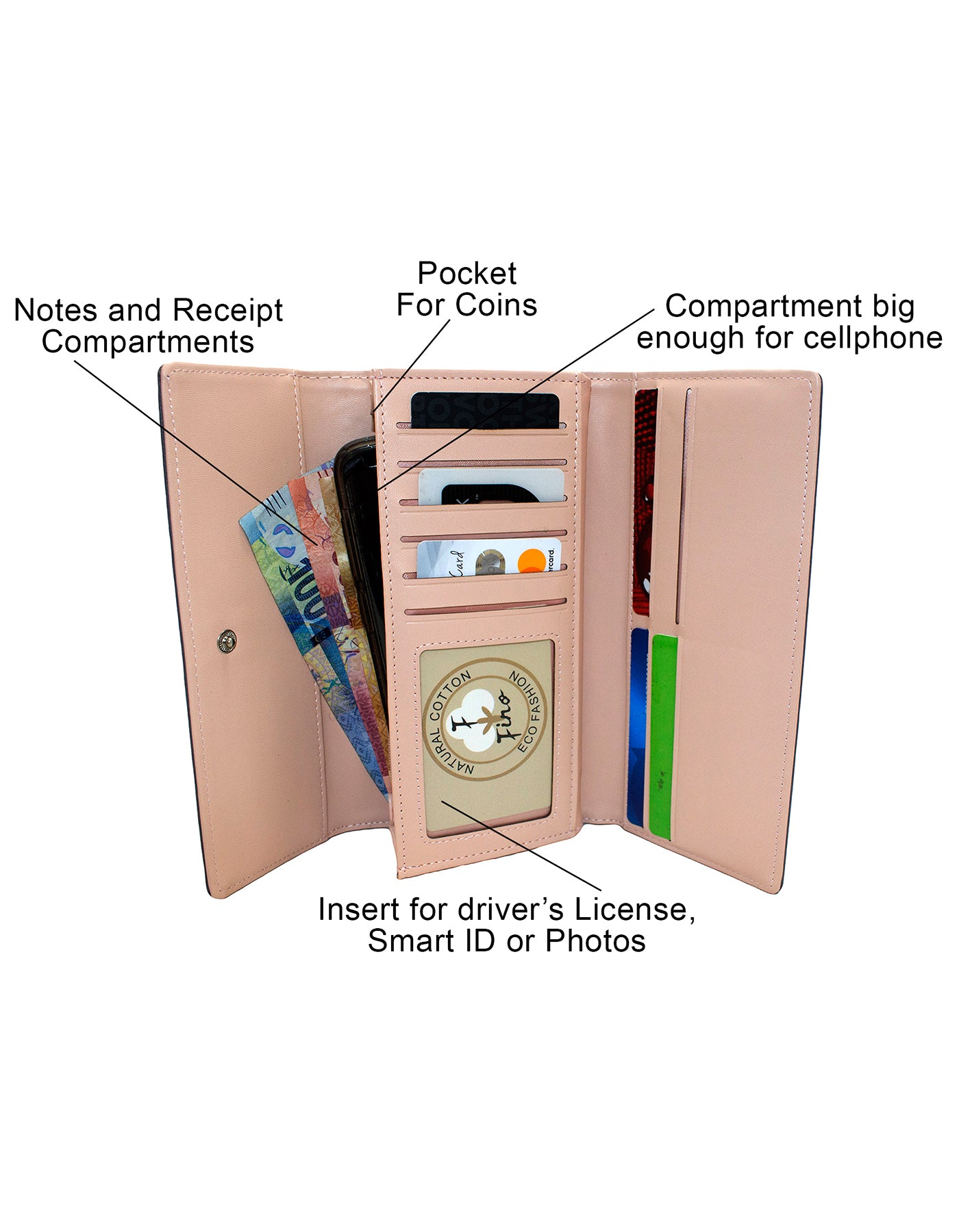 Fino 51169 Tri-Fold Faux Leather Purse with Cell Phone Compartment Holder & Gift Box