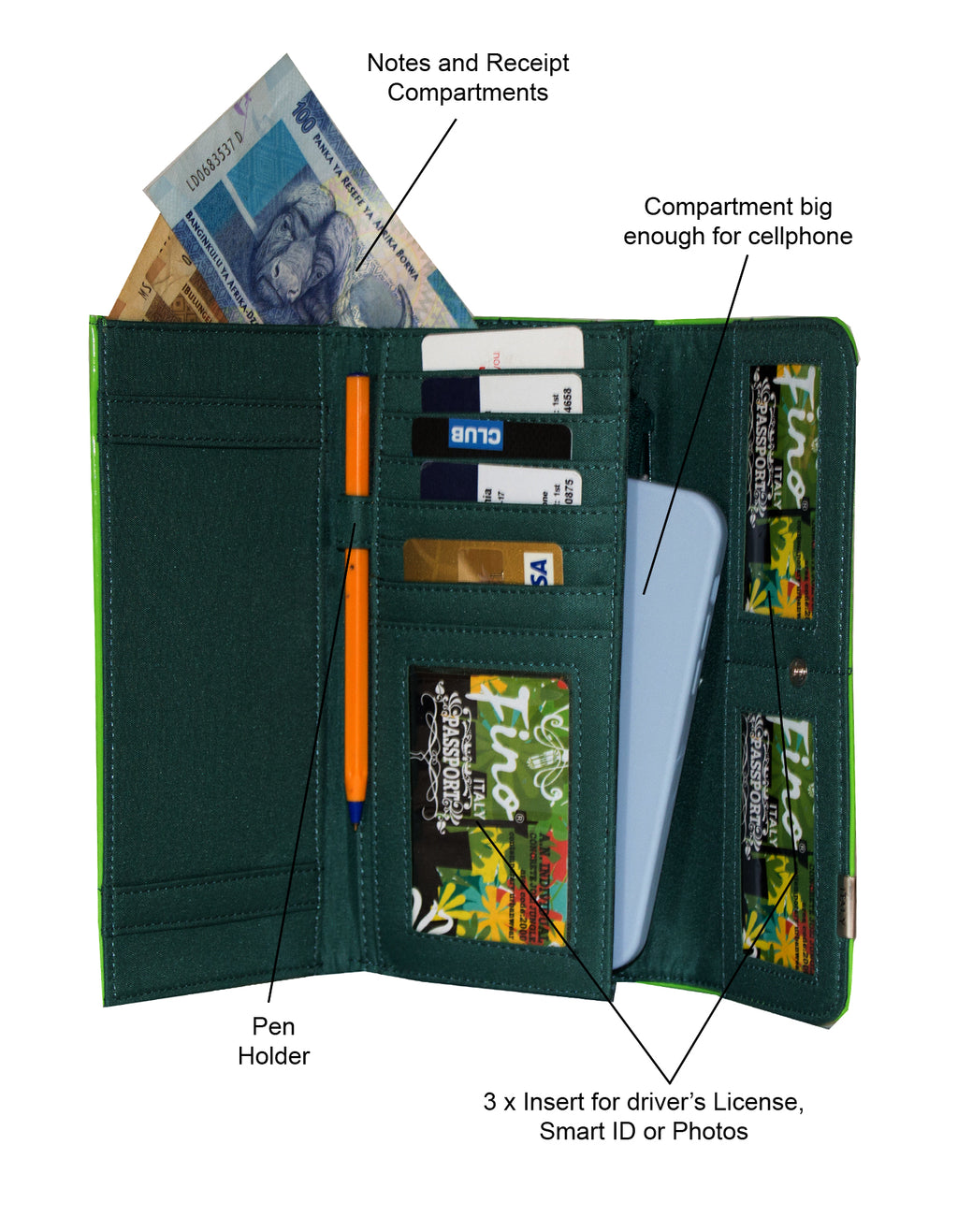 Fino 608-765 Leaf Printed Patent Faux Leather Long Card Holder Purse