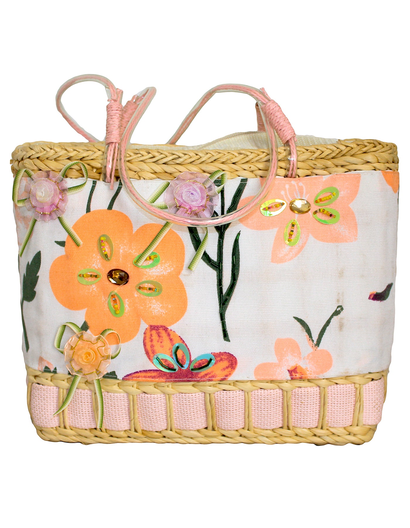 Fino CJK-05052 Straw/Canvas Floral Embellished Beach Bag
