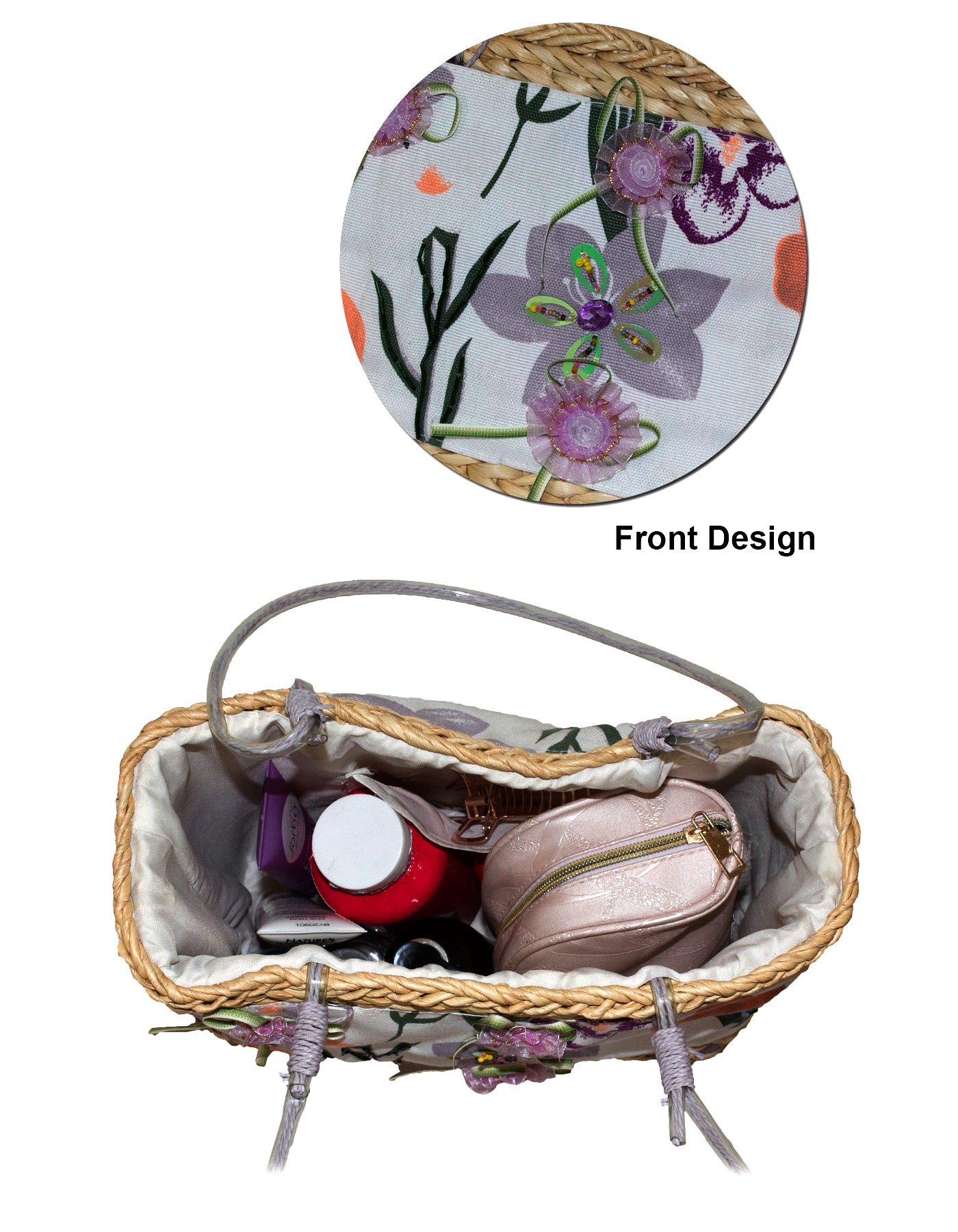 Fino CJK-05052 Straw/Canvas Floral Embellished Beach Bag