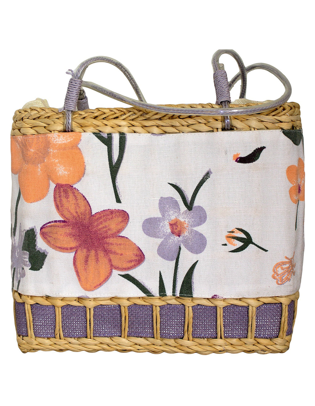 Fino CJK-05052 Straw/Canvas Floral Embellished Beach Bag