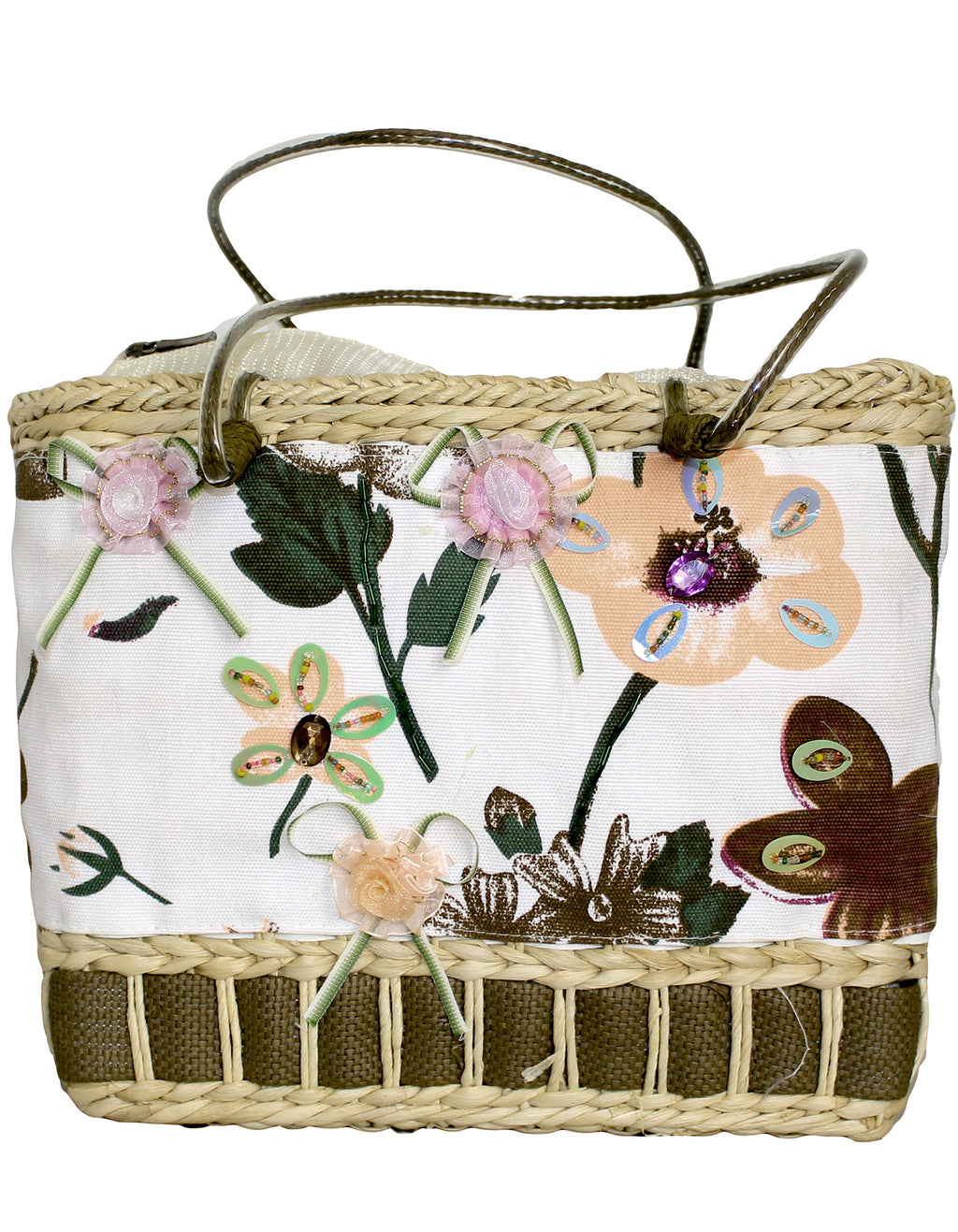 Fino CJK-05052 Straw/Canvas Floral Embellished Beach Bag