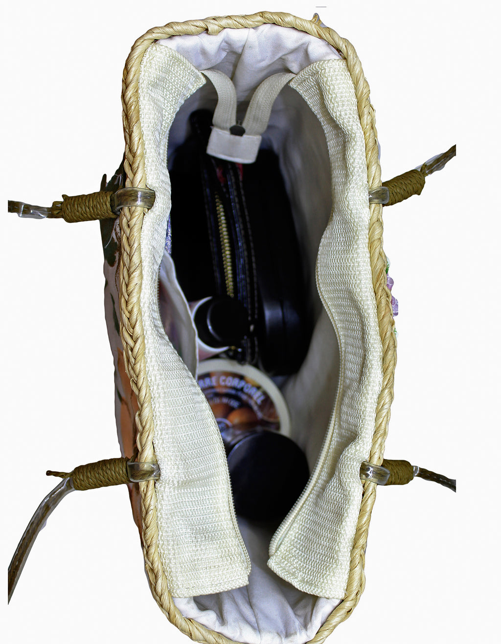 Fino CJK-05052 Straw/Canvas Floral Embellished Beach Bag