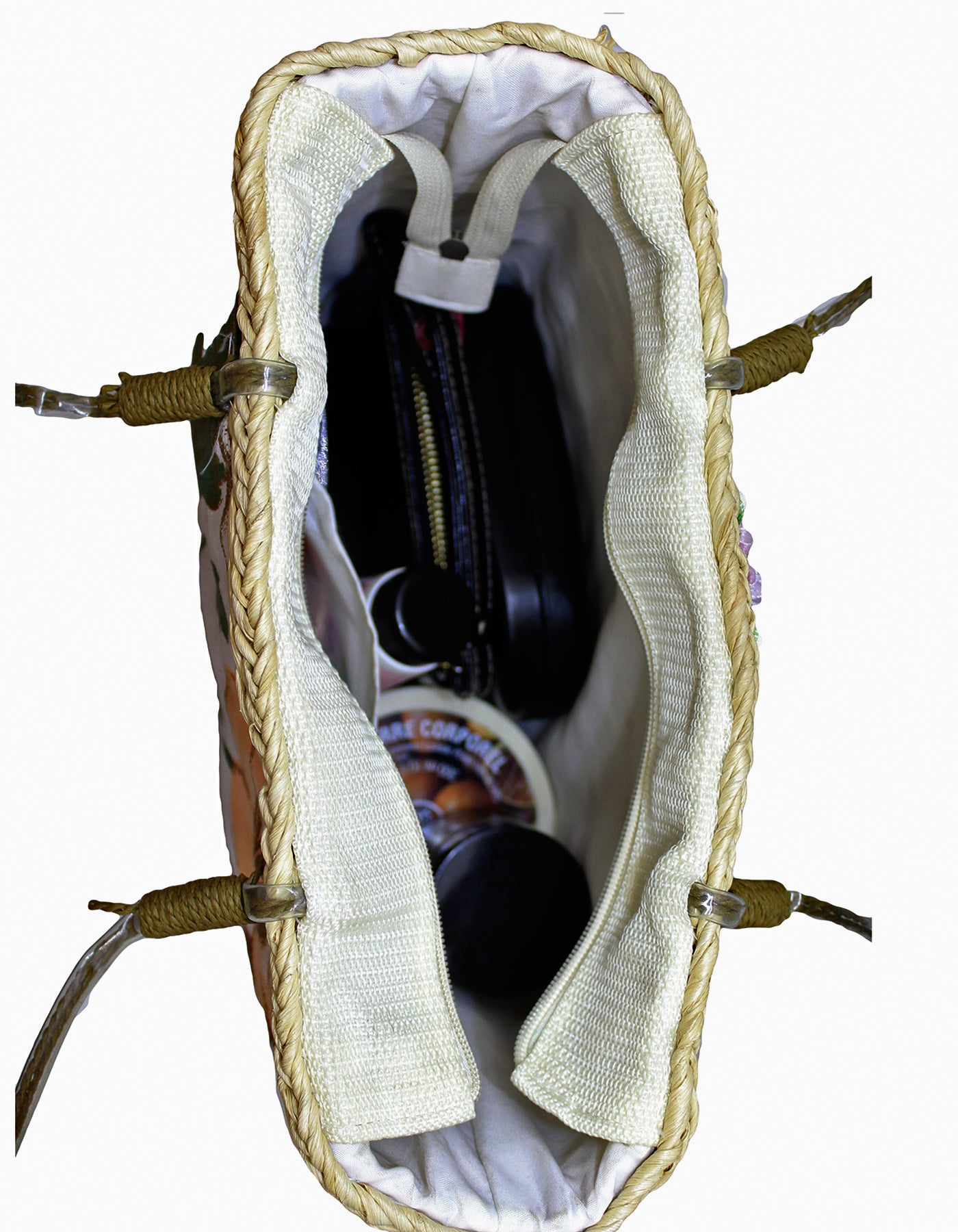Fino CJK-05052 Straw/Canvas Floral Embellished Beach Bag
