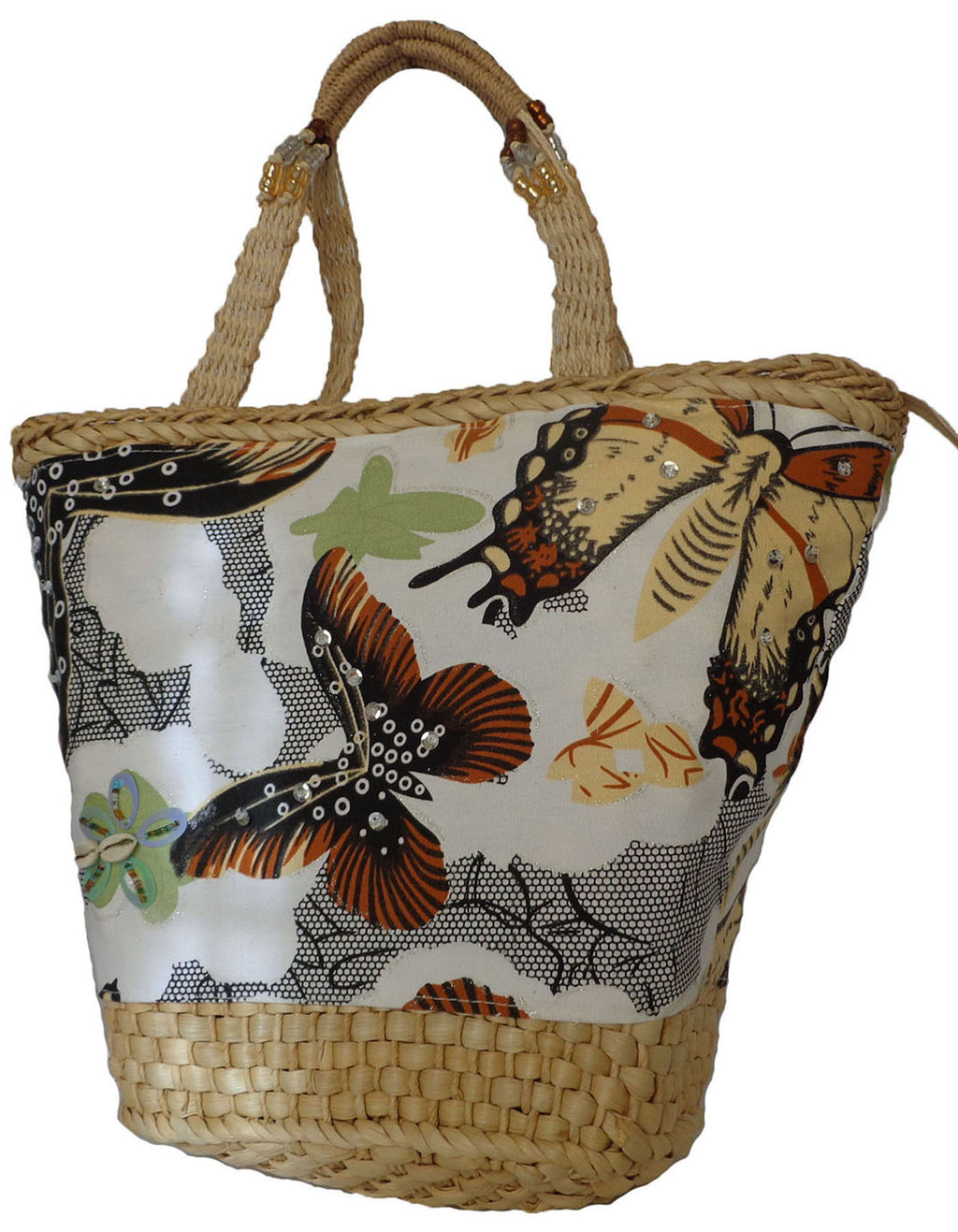 Fino CJK-05053 Butterfly Straw Basket with Beaded Handles
