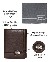 Fino DWS-823 Genuine Leather Logo Design Slim Compact Trifold Wallet with Box
