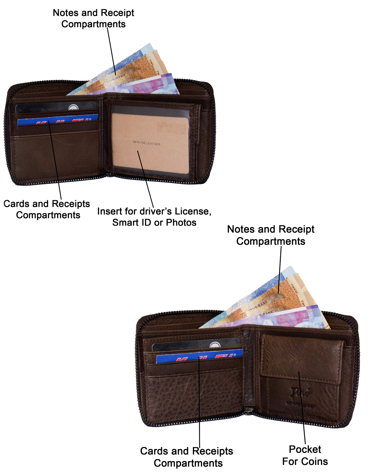 Fino DWS-826 Genuine Leather Zip Around with Line & Logo Wallet with Box