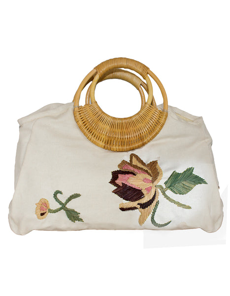 Fino DY20050 Lotus Flower Embroidery Canvas Bag- Beige