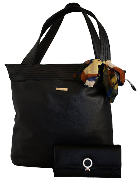 Fino G-8210+6119 Faux Leather Handbag with Scarf Trim & Purse Set - Black