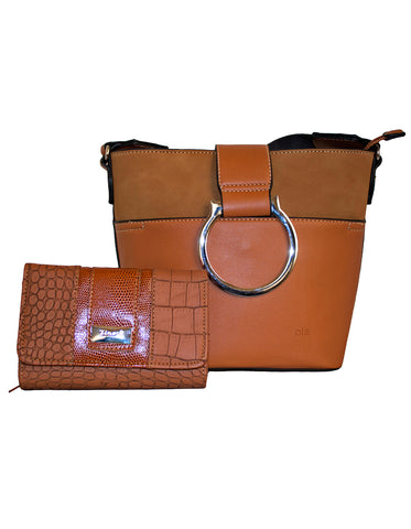 Fino G-9106+975-093 Faux Leather Crossbody Shoulder Bag & Purse Set- Brown