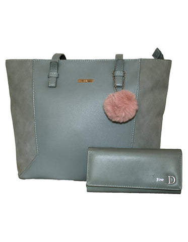 Fino G-9107+51163 Faux Leather Handbag and Removable Pom & Purse Set - Light Blue