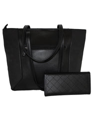 Fino G-9107+6119 Faux Leather Tote and Removable Pom & Purse Set - Black