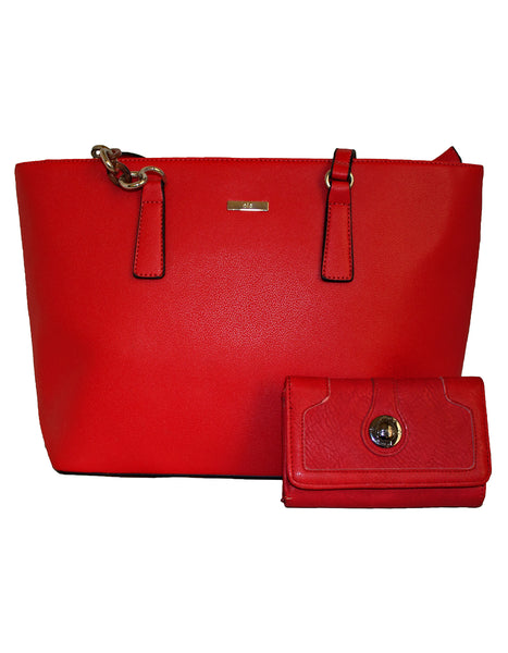 Fino G-9111+ 3088-093 Faux Leather Handbag Tote Bag & Purse Set - Red