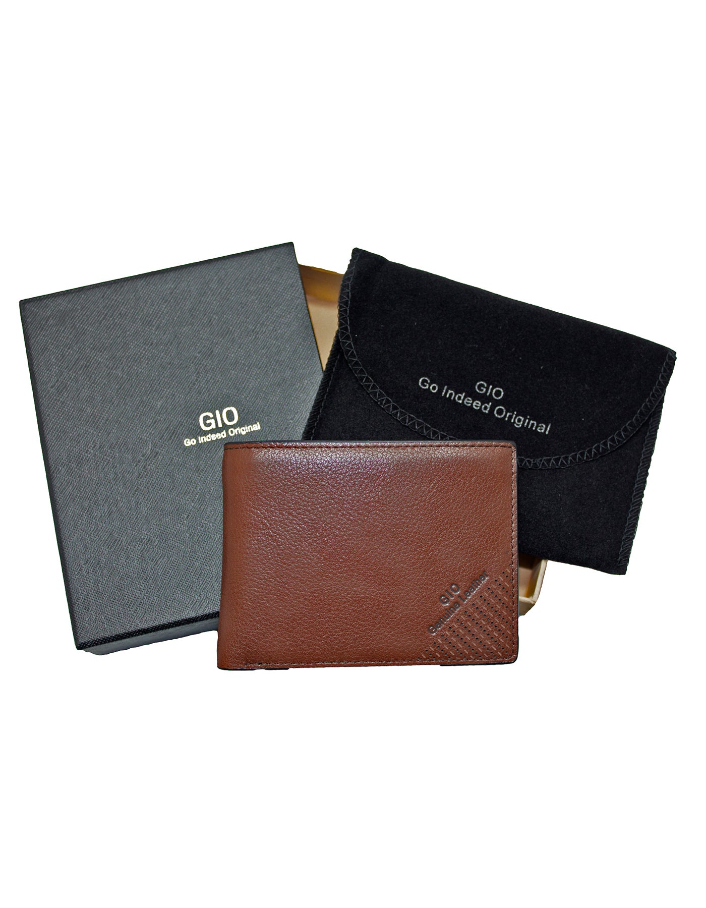 GIO-101 Full Grain Genuine Leather Bifold Card Holder Gift Wallet with Box/Suede Pouch Included-Brown