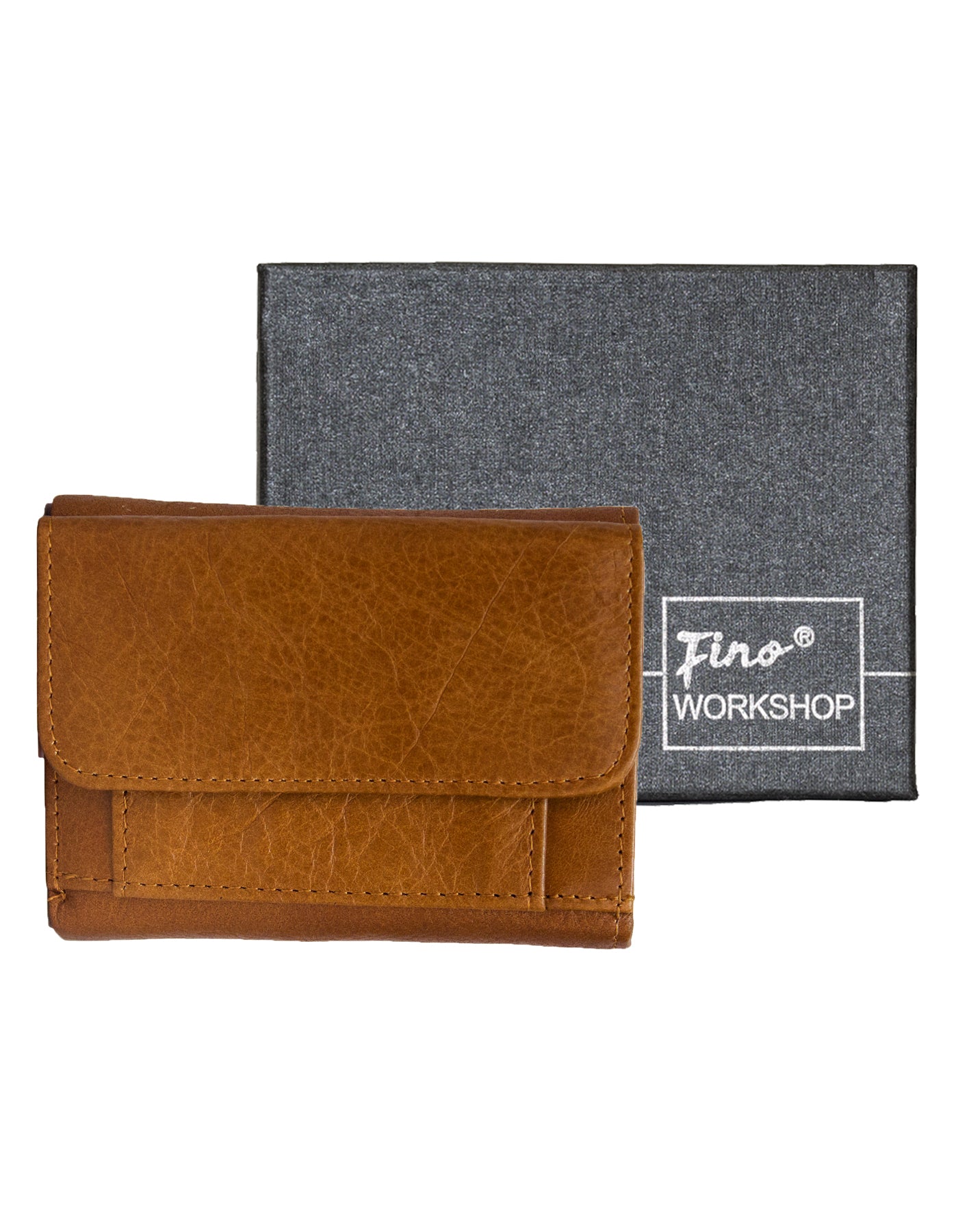 Fino GX-052 Full Grain Genuine Leather Slim Compact Wallet with Box - Brown