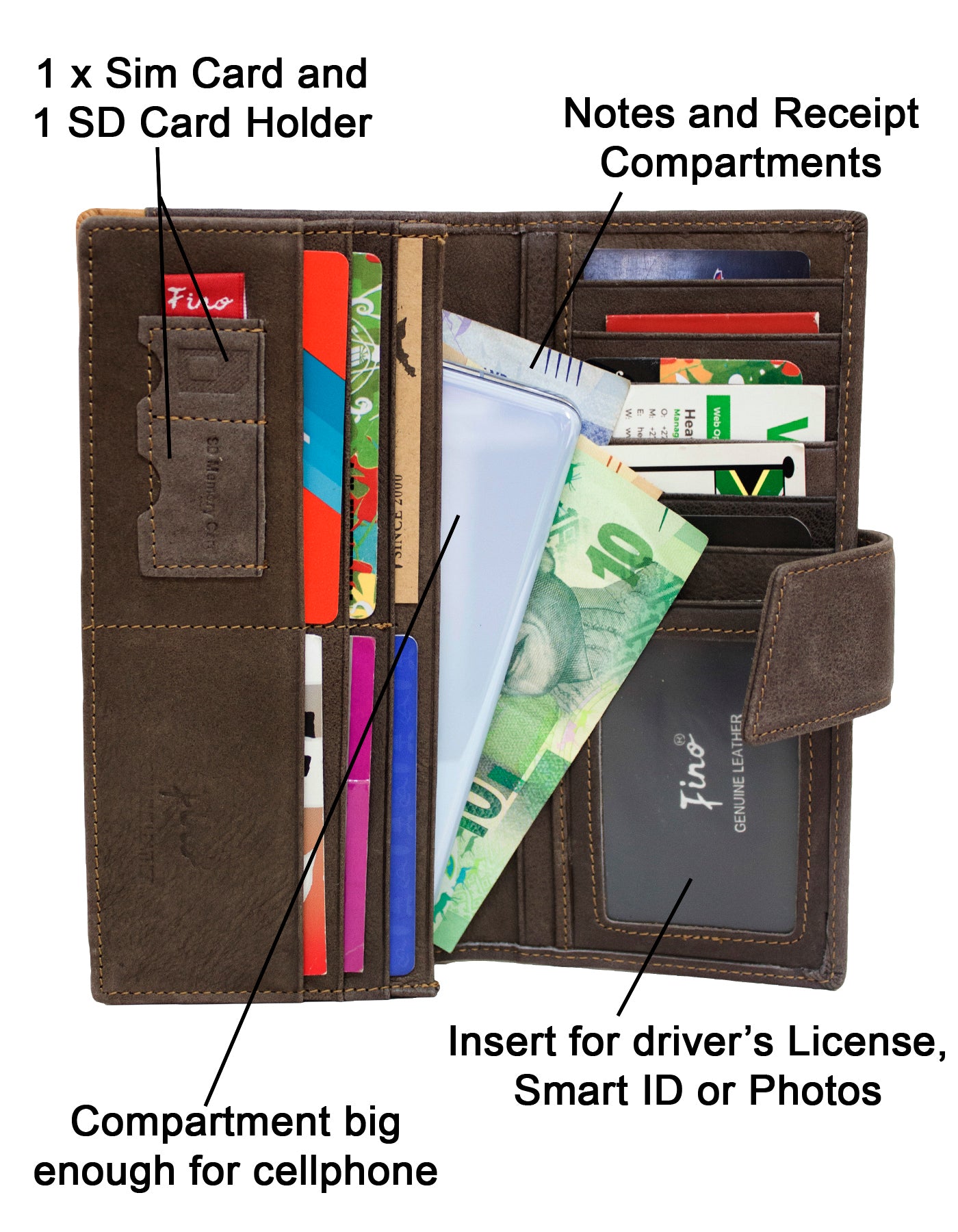 Fino HL-1402 Unisex Genuine Leather Bifold Wallet with SD Card Holder & Box