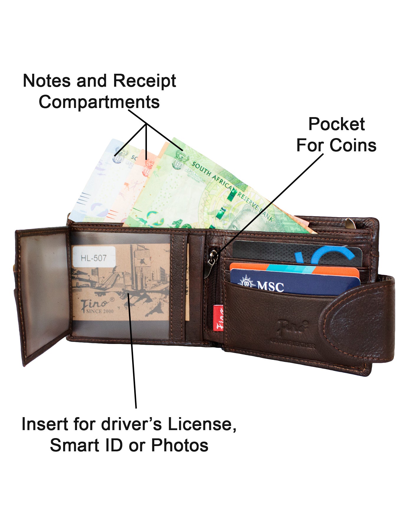 Fino Hl-507 Genuine Leather Bifold Cowskin Wallet with SD Card Holder & Box