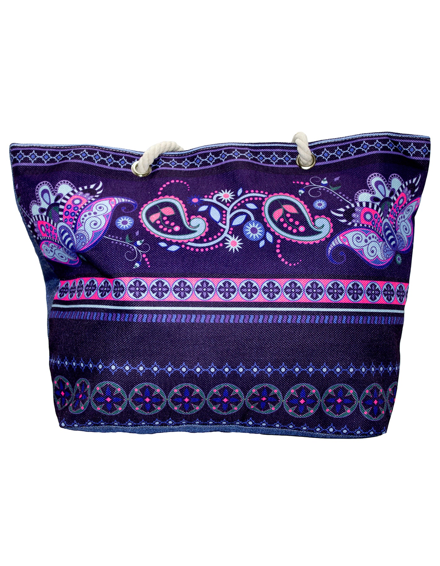 Fino JH-19054 Exotic Beach Canvas Oversize Beach /Shopping/ Tote Bag - Purple & Navy Blue